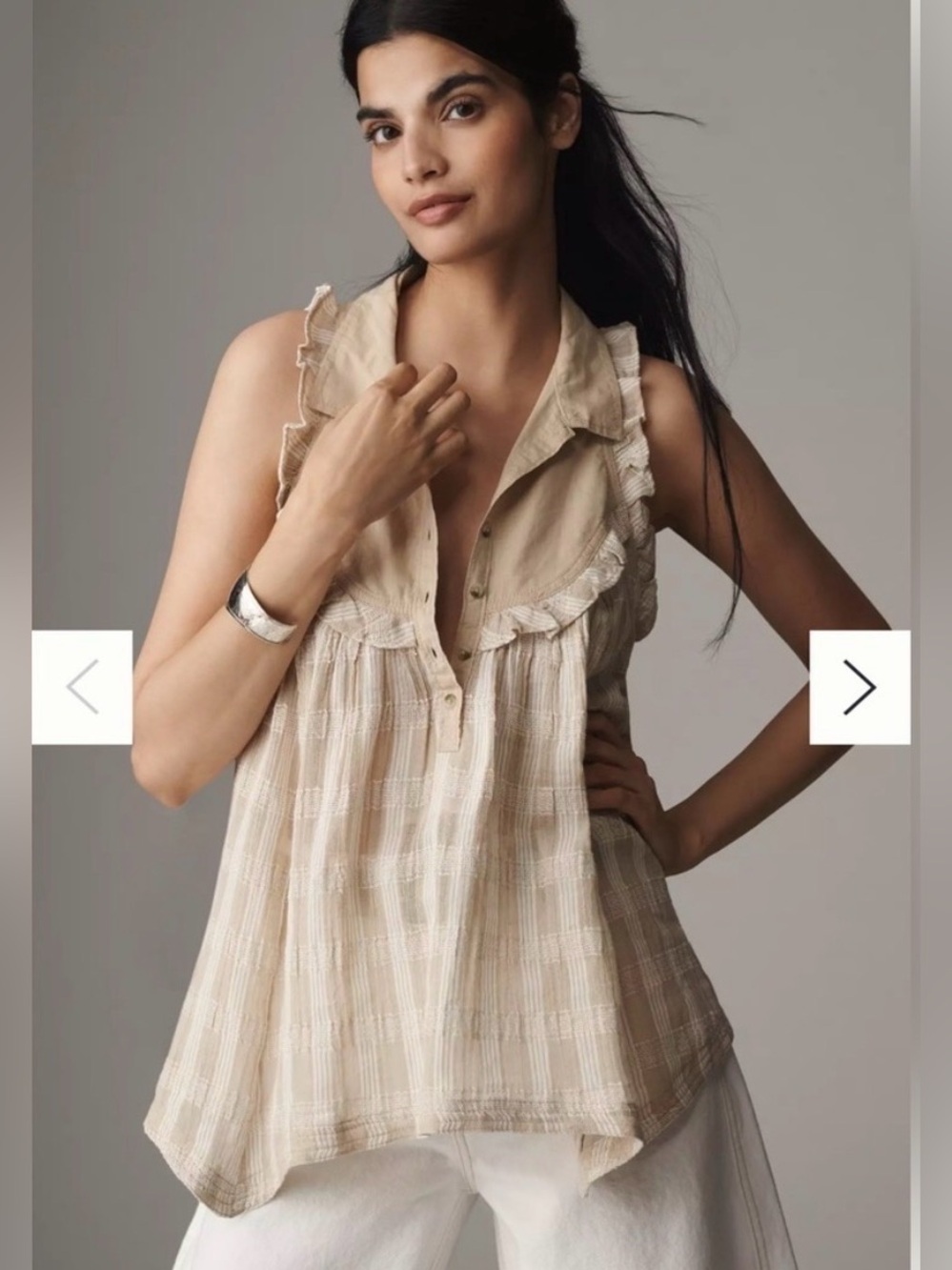 Pilcro Beige Checkered Ruffle Sleeveless Top
